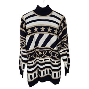 Vintage Knights‎ Ltd. Sweater XL Gold Star Navy Blue White Striped Knit Nautical